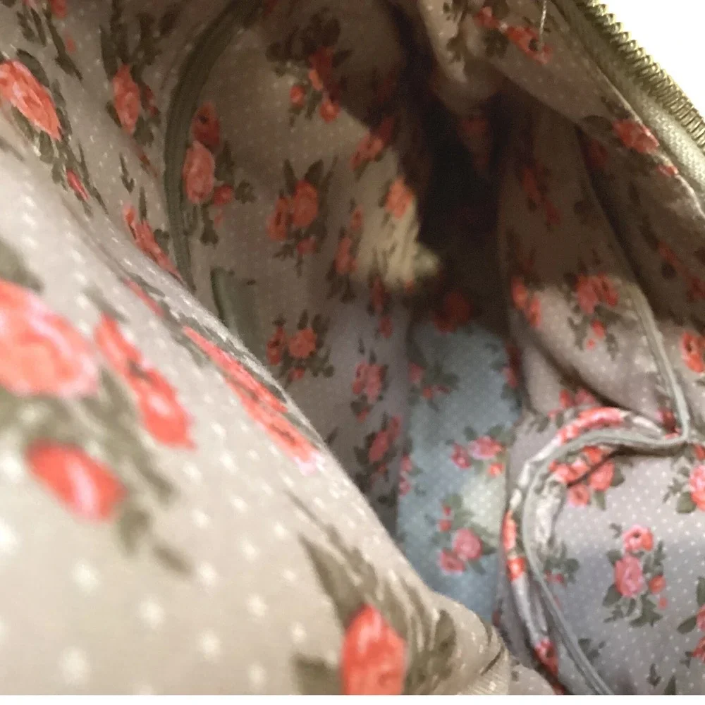 Joy Susan Taupe Vegan Leather Backpack Floral Lining Small Travel Bag Gray Zip